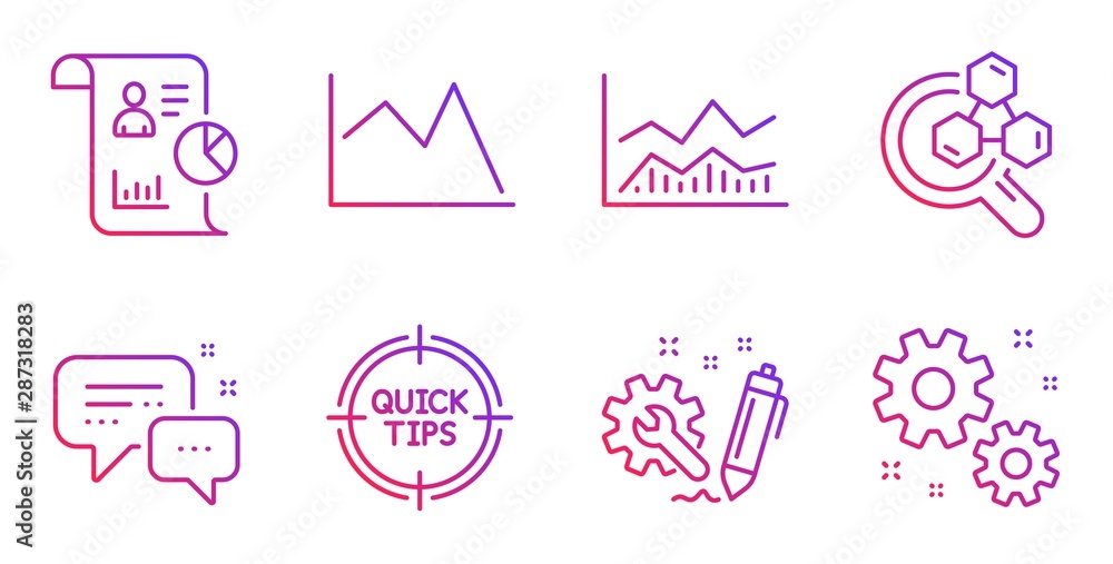 Tips, Report and Trade infochart line icons set. Employees messenger, Engineering and Line chart signs. Chemistry lab, Work symbols. Quick tricks, Work statistics. Education set. Vector Tips, Report and Trade infochart line icons set. Employees messenger, Engineering and Line chart signs. Chemistry lab, Work symbols. Quick tricks, Work statistics. Education set. Vector