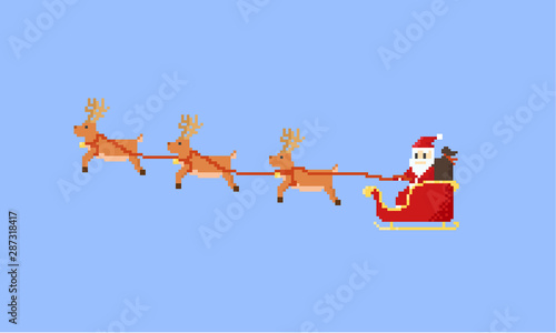 Pixel santa claus riding his flying sleigh.