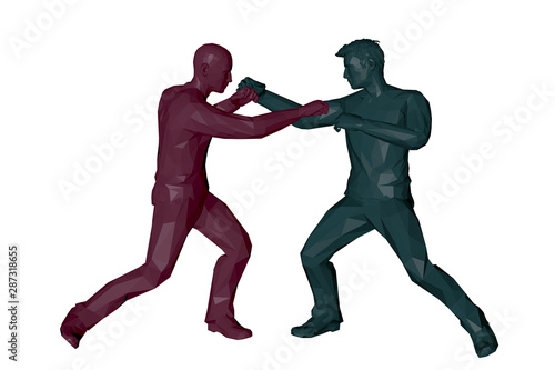 Men fighting. 3d Low poly vector illustration.