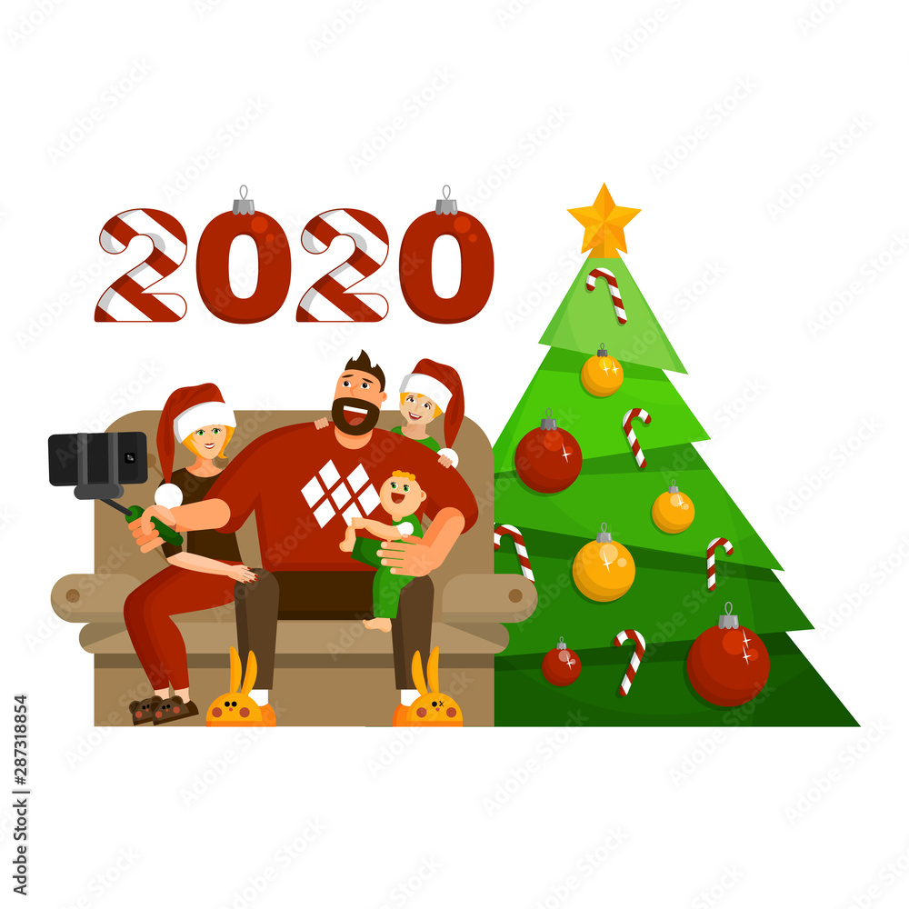 Family celebration of Christmas or New year at home. Married couple with daughter and baby son are making selfie. Family celebration of Christmas or New year at home. Married couple with daughter and baby son are making selfie.