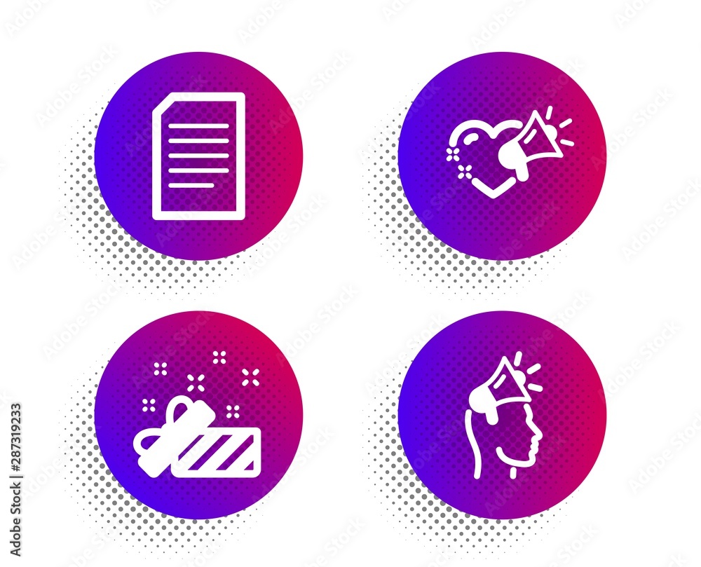 Love message, Document and Present icons simple set. Halftone dots button. Brand ambassador sign. Heart, Information file, Gift. Megaphone. Business set. Classic flat love message icon. Vector Love message, Document and Present icons simple set. Halftone dots button. Brand ambassador sign. Heart, Information file, Gift. Megaphone. Business set. Classic flat love message icon. Vector