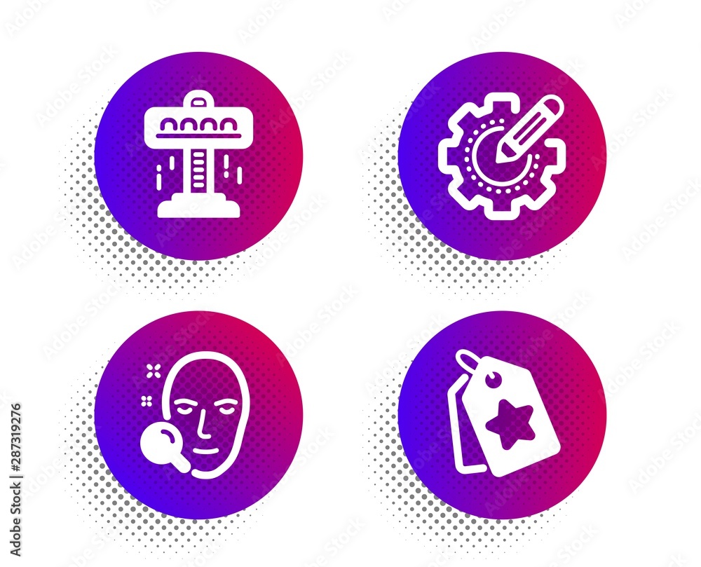 Face search, Attraction and Settings gear icons simple set. Halftone dots button. Loyalty tags sign. Find user, Free fall, Technology process. Bonus reward. Business set. Vector