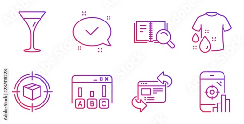 Approved, Refresh website and Survey results line icons set. Parcel tracking, Martini glass and Wash t-shirt signs. Search book, Seo phone symbols. Chat message, Update internet. Vector