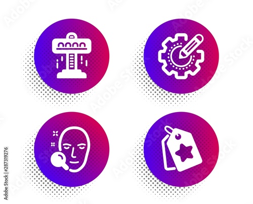 Face search  Attraction and Settings gear icons simple set. Halftone dots button. Loyalty tags sign. Find user  Free fall  Technology process. Bonus reward. Business set. Vector