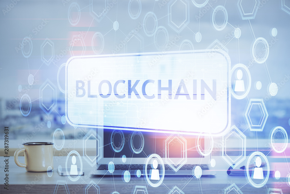 Double exposure of blockchain and crypto economy theme hologram and table with computer background. Concept of bitcoin cryptocurrency. Double exposure of blockchain and crypto economy theme hologram and table with computer background. Concept of bitcoin cryptocurrency.