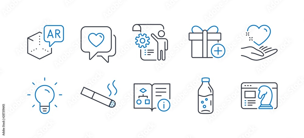 Set of Business icons, such as Add gift, Technical algorithm, Augmented reality, Smoking, Water bottle, Settings blueprint, Heart, Light bulb, Hold heart, Seo strategy line icons. Vector