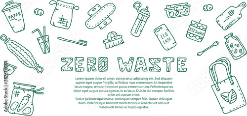 Model template for banner. Doodle text and elements. Monochrome vector illustration for green business. Hand drawn contour image
