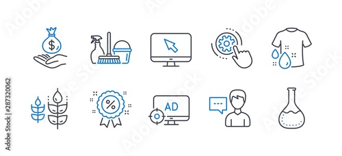 Set of Business icons, such as Internet, Cogwheel settings, Person talk, Discount, Seo adblock, Income money, Wash t-shirt, Gluten free, Household service, Chemistry lab line icons. Vector