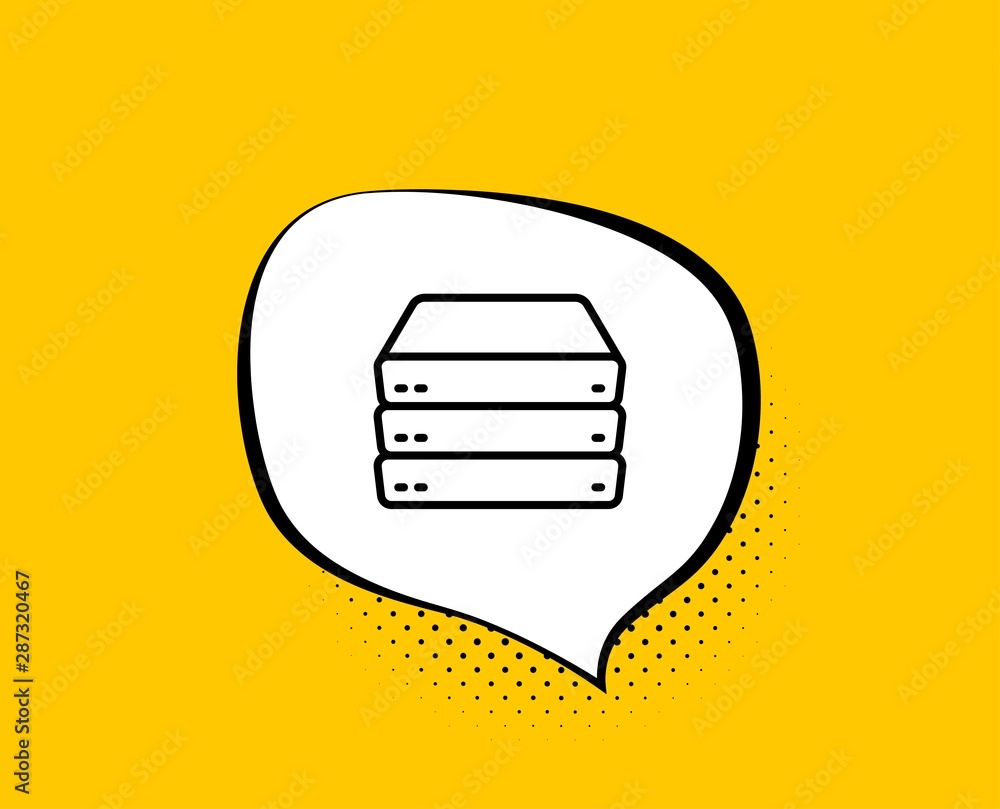 Servers line icon. Comic speech bubble. PC component sign. Big data storage symbol. Yellow background with chat bubble. Servers icon. Colorful banner. Vector