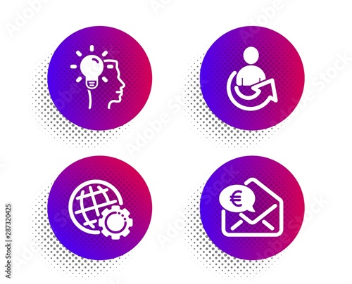 Idea, Globe and Share icons simple set. Halftone dots button. Euro money sign. Professional job, Internet settings, Referral person. Receive cash. Technology set. Classic flat idea icon. Vector