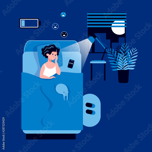 A woman suffers from insomnia lying in a bedroom at night with a discharged battery. Stress, depression, disorder, nightmares. Biological rhythms disturbance. Insomnia concept Flat vector illustration