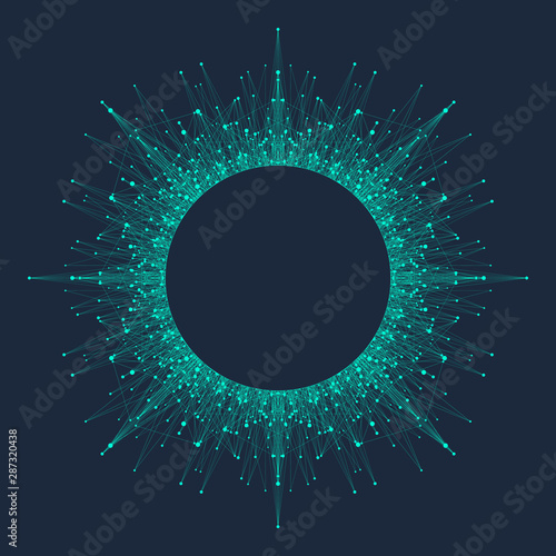 Quantum computing technology concept. Deep learning artificial intelligence. Big data algorithms visualization for business, science, technology. Waves flow, dots, lines. Quantum vector illustration