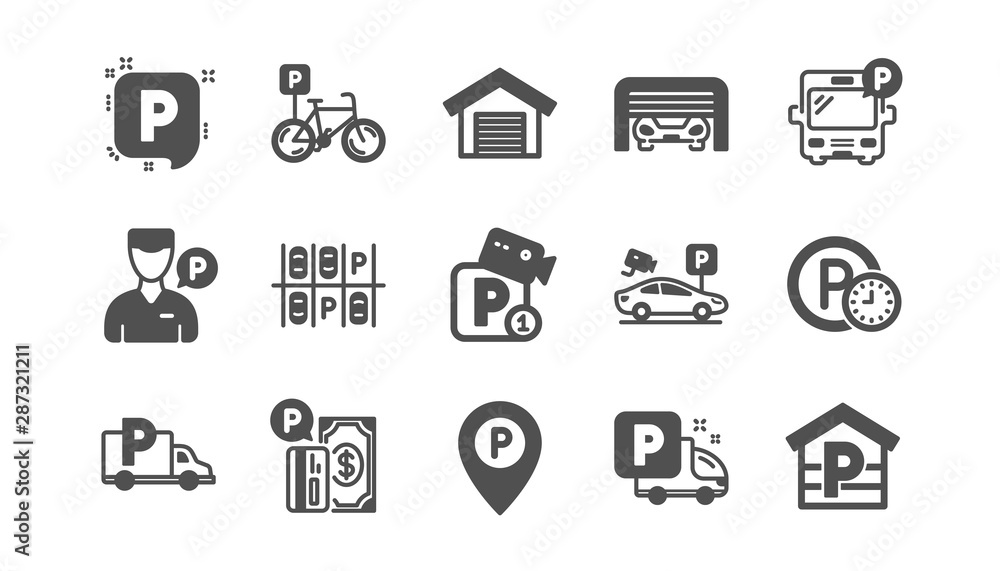 Parking icons. Garage, Valet servant and Paid parking. Car transport park place classic icon set. Quality set. Vector