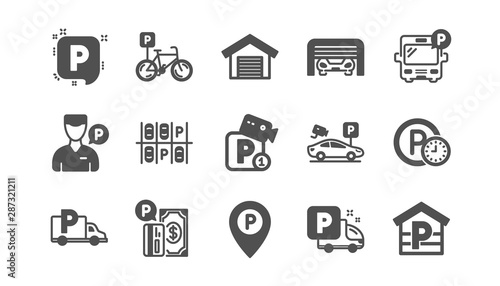 Parking icons. Garage, Valet servant and Paid parking. Car transport park place classic icon set. Quality set. Vector