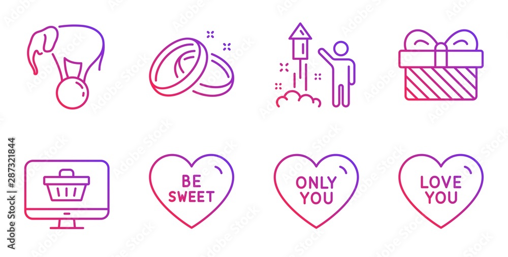 Wedding rings, Be sweet and Fireworks line icons set. Gift, Elephant on ball and Only you signs. Web shop, Love you symbols. Love, Party pyrotechnic. Holidays set. Gradient wedding rings icon. Vector Wedding rings, Be sweet and Fireworks line icons set. Gift, Elephant on ball and Only you signs. Web shop, Love you symbols. Love, Party pyrotechnic. Holidays set. Gradient wedding rings icon. Vector