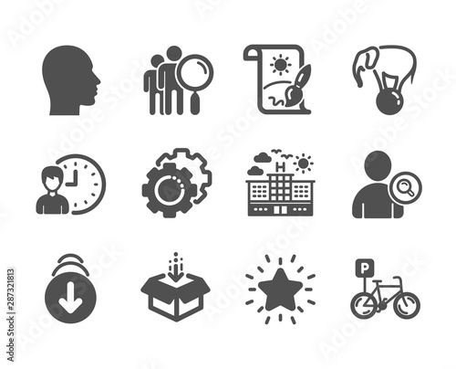 Set of Business icons, such as Head, Bicycle parking, Get box, Creative painting, Elephant on ball, Hotel, Search people, Working hours, Settings gears, Find user, Scroll down, Rank star. Vector