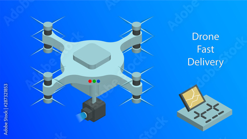 Isometric Drone Fast Delivery. Dron flying with action video camera and remote.