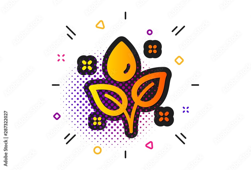 Obraz premium Leaves dew sign. Halftone circles pattern. Plants watering icon. Environmental care symbol. Classic flat plants watering icon. Vector