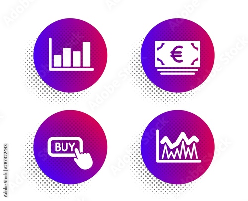 Euro currency, Report diagram and Buy button icons simple set. Halftone dots button. Investment sign. Eur banking, Financial market, Online shopping. Economic statistics. Finance set. Vector