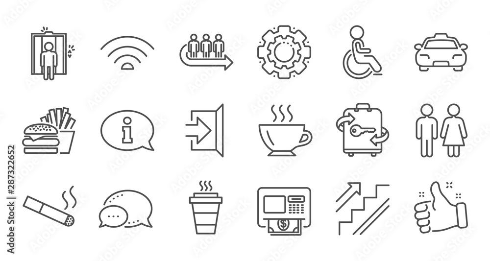 Public services line icons. Elevator, Taxi and Wifi internet. Fast food linear icon set. Quality line set. Vector