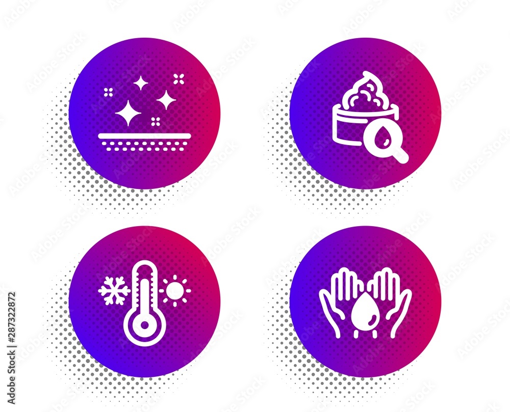 Clean skin, Moisturizing cream and Thermometer icons simple set. Halftone dots button. Wash hands sign. Face cream, Face lotion, Thermostat. Skin care. Healthcare set. Vector Clean skin, Moisturizing cream and Thermometer icons simple set. Halftone dots button. Wash hands sign. Face cream, Face lotion, Thermostat. Skin care. Healthcare set. Vector