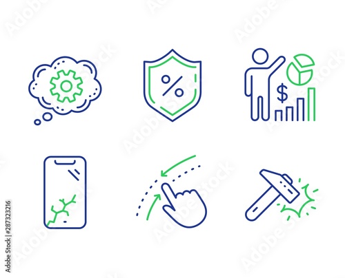 Smartphone broken, Loan percent and Seo statistics line icons set. Cogwheel, Swipe up and Hammer blow signs. Phone crash, Protection shield, Analytics chart. Engineering tool. Technology set. Vector