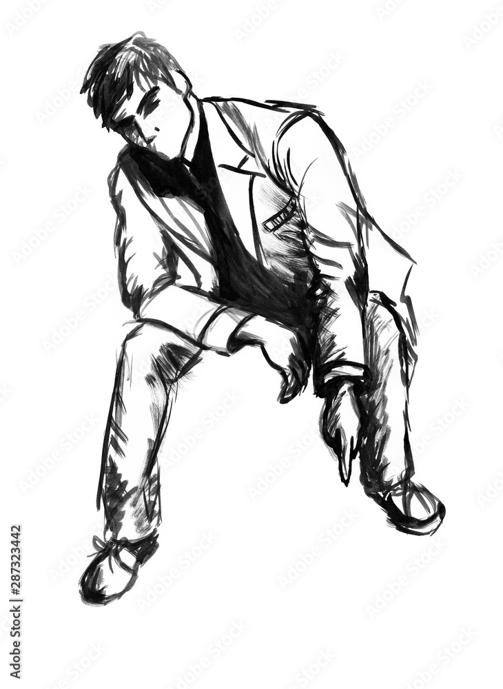 A sketch of a young attractive full-length man who sits and points his finger somewhere down. Black ink hand-drawn illustration. Can be used for fashion illustration, collage, banner, postcard, flyer A sketch of a young attractive full-length man who sits and points his finger somewhere down. Black ink hand-drawn illustration. Can be used for fashion illustration, collage, banner, postcard, flyer
