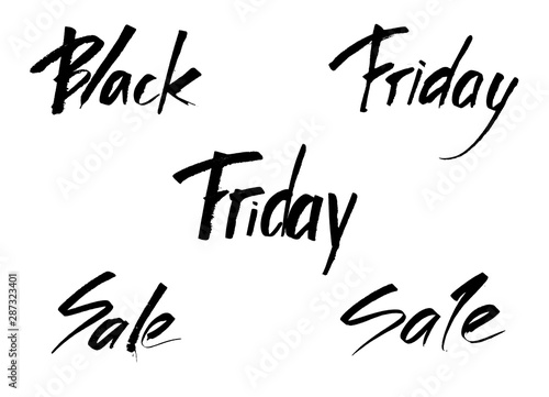 BLACK, FRIDAY, SALE Set of lettering with grunge inscriptions in black ink on white paper. Hand drawn illustration for creating an advertising poster, banner, flyer.