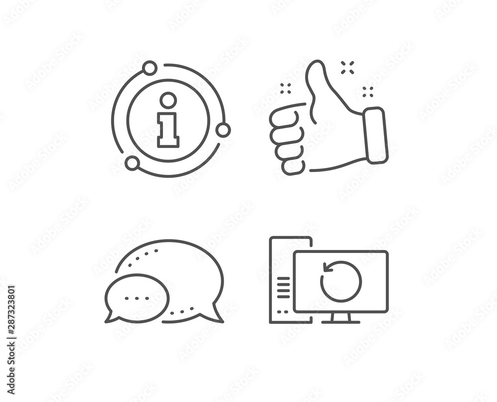 Recovery computer line icon. Chat bubble, info sign elements. Backup data sign. Restore information symbol. Linear recovery computer outline icon. Information bubble. Vector Recovery computer line icon. Chat bubble, info sign elements. Backup data sign. Restore information symbol. Linear recovery computer outline icon. Information bubble. Vector