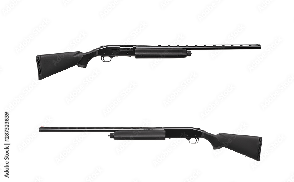 Modern black shotgun isolate on white background. Black semi-automatic shotgun on a light background. Modern black shotgun isolate on white background. Black semi-automatic shotgun on a light background.