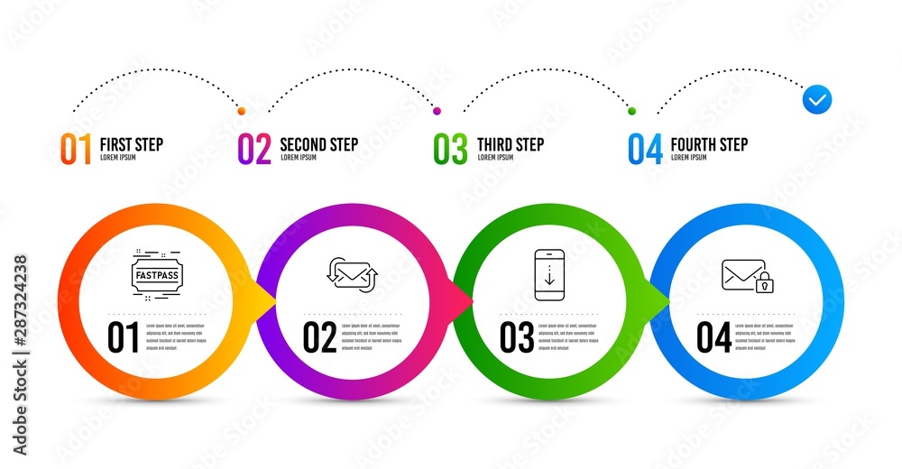 Naklejka premium Refresh mail, Scroll down and Fastpass line icons set. Timeline infographic. Secure mail sign. New e-mail, Swipe phone, Entrance ticket. Private e-mail. Business set. Refresh mail icon. Vector