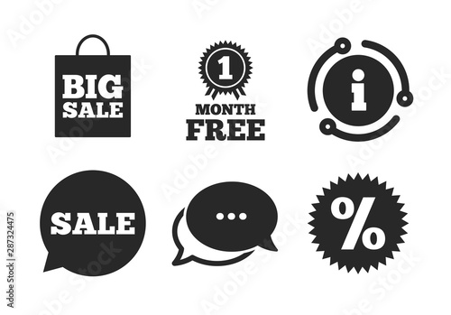 Discount star symbol. Chat, info sign. Sale speech bubble icon. Big sale shopping bag sign. First month free medal. Classic style speech bubble icon. Vector
