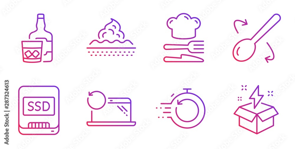 Fast recovery, Ssd and Food line icons set. Recovery laptop, Whiskey glass and Cooking spoon signs. Skin care, Creative idea symbols. Backup timer, Memory disk. Business set. Vector Fast recovery, Ssd and Food line icons set. Recovery laptop, Whiskey glass and Cooking spoon signs. Skin care, Creative idea symbols. Backup timer, Memory disk. Business set. Vector