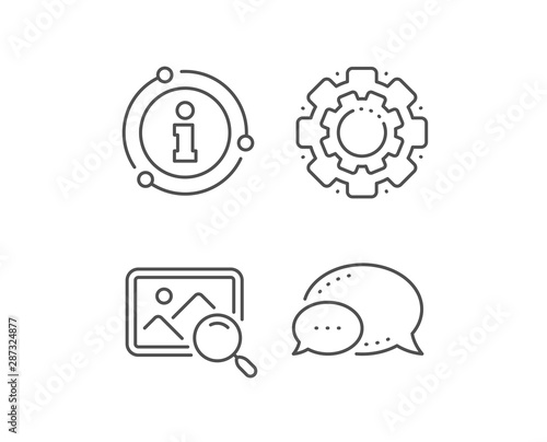 Search photo line icon. Chat bubble, info sign elements. Find image or picture sign. Linear search photo outline icon. Information bubble. Vector
