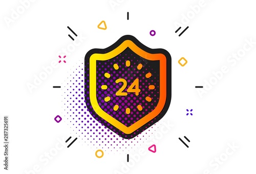 Shield sign. Halftone circles pattern. 24 hours protection icon. Classic flat 24 hours icon. Vector