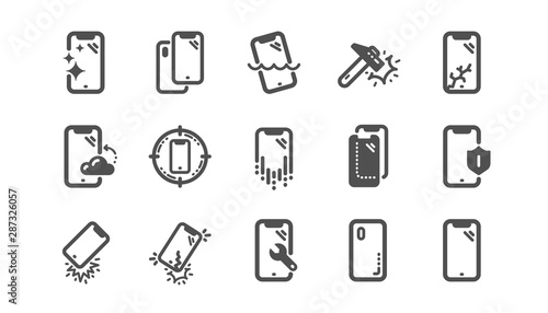 Smartphone protection icons. Tempered glass, screen protector and water resistant. Phone cover, display glass protection and shockproof device icons. Classic set. Quality set. Vector