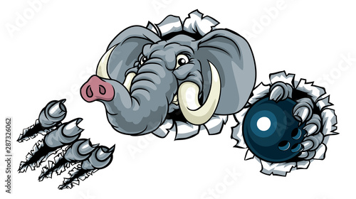 An elephant ten pin bowling sports animal mascot holding a ball and breaking through the background