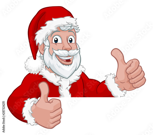 Young handsome Santa Claus Christmas cartoon character peeking over a sign and giving a double thumbs up