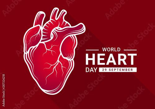 World heart day with Gradient red human heart Real and White outline Drawing sign on dark red background vector design