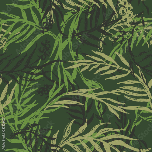 Hand drawn camo with leaf, seamless pattern. Grunge branches and herbs green camouflage background. Distressed texture wallpaper. Fabric design. Ink vector 