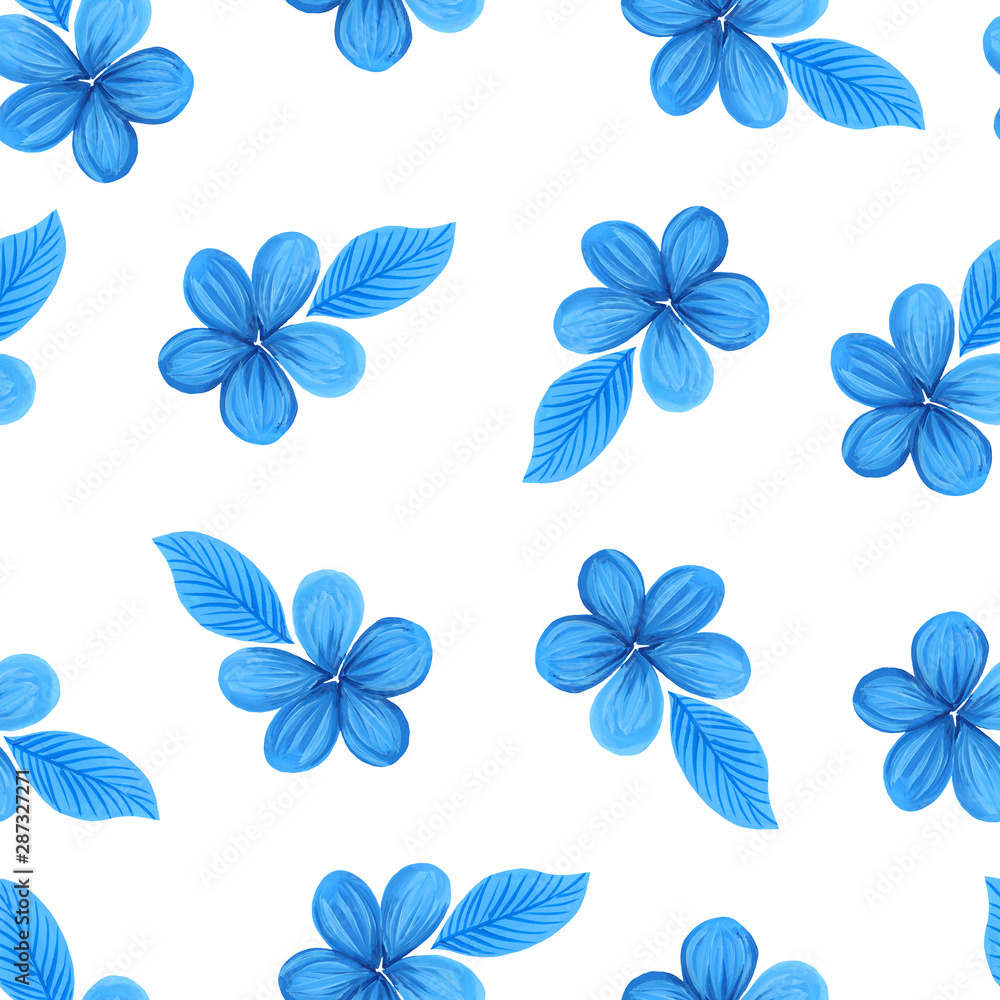 Fototapeta premium Blue flower with leaf seamless pattern isolated on white. Hand drawn illustration of blue gouache on white paper. Can be used for postcards, packaging, banner, web background.