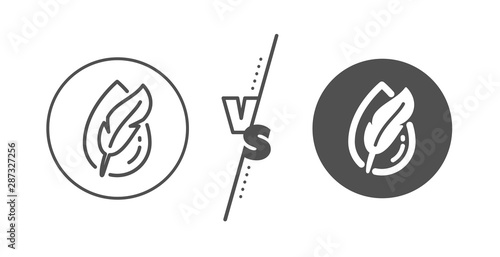 Feather sign. Versus concept. Hypoallergenic tested line icon. No synthetic symbol. Line vs classic hypoallergenic tested icon. Vector