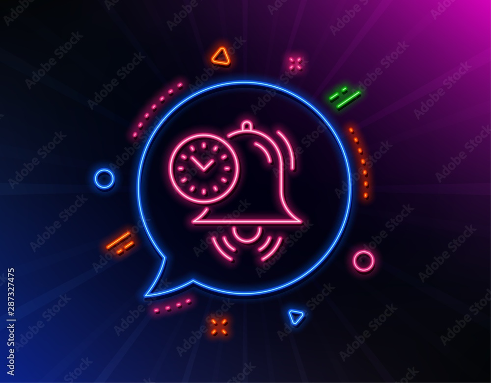 Time management line icon. Neon laser lights. Alarm clock sign. Watch symbol. Glow laser speech bubble. Neon lights chat bubble. Banner badge with time management icon. Vector Time management line icon. Neon laser lights. Alarm clock sign. Watch symbol. Glow laser speech bubble. Neon lights chat bubble. Banner badge with time management icon. Vector