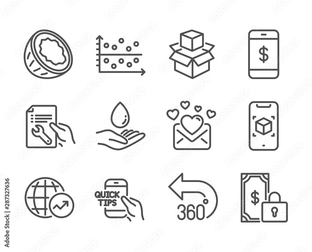 Fototapeta premium Set of Business icons, such as Private payment, Education, 360 degrees, Augmented reality, Repair document, Smartphone payment, World statistics, Packing boxes, Coconut, Love mail. Vector