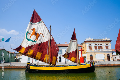 Cesenatico, Italy - August 26, 2019: museum of boats in the Porto Canale Leonardesco of Cesenatico, Emilia Romagna, Puglia, Italy 