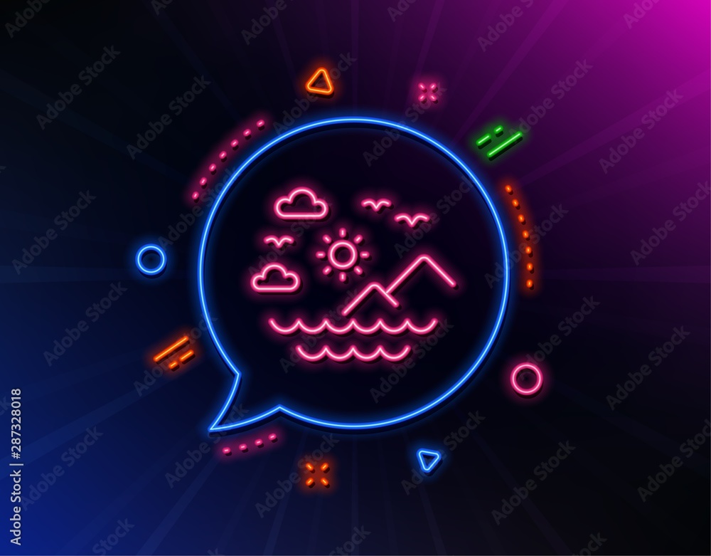 Travel sea mountains line icon. Neon laser lights. Sun, clouds and waves sign. Summer holidays symbol. Glow laser speech bubble. Neon lights chat bubble. Banner badge with sea mountains icon. Vector
