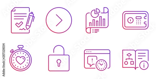 Safe box, Report document and Project deadline line icons set. Approved agreement, Lock and Forward signs. Heartbeat timer, Technical algorithm symbols. Deposit, Growth chart. Technology set. Vector