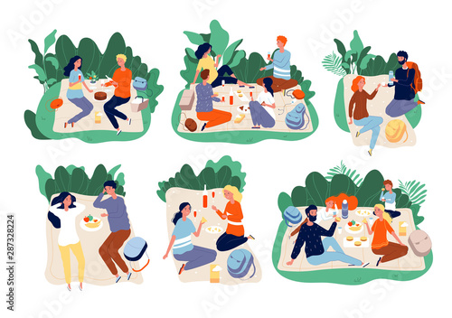 Fototapeta Naklejka Na Ścianę i Meble -  Picnic people. Outdoor family happy group together eating dinner in green summer park vector picnic characters. Illustration picnic meal, woman and man together in park