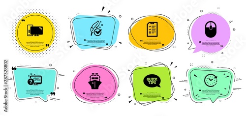 Online quiz, Ship and Computer line icons set. Chat bubbles with quotes. Quickstart guide, Interview and Time change signs. Hypoallergenic tested, Computer mouse symbols. Vector
