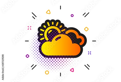 Clouds with sun sign. Halftone circles pattern. Sunny weather forecast icon. Cloudy sky symbol. Classic flat sunny weather icon. Vector